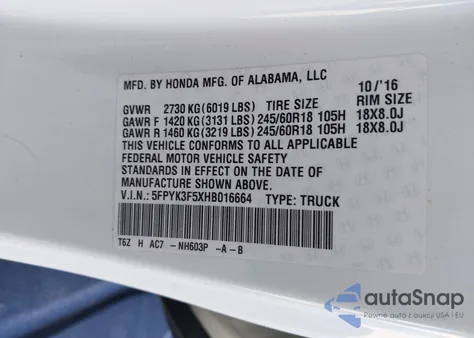 2017 Honda Ridgeline Rtl from USA, damaged, VIN 5FPYK3F5XHB016664
